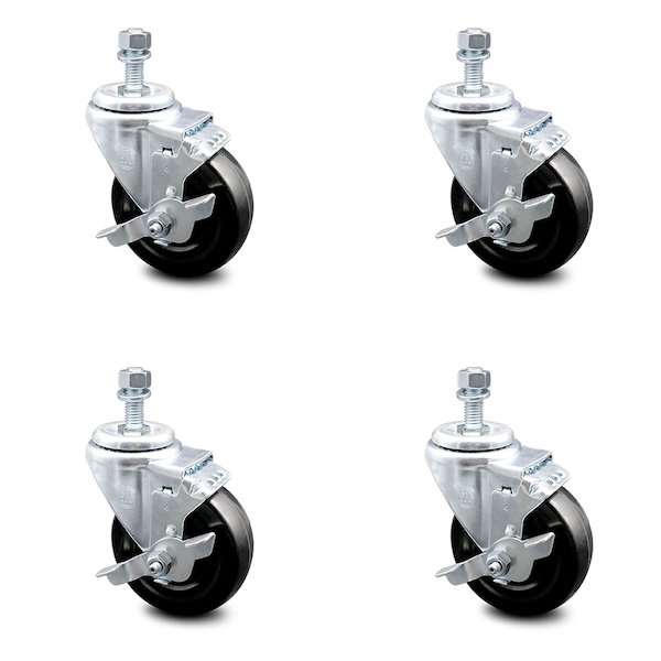 4 Inch Hard Rubber Wheel Swivel 1/2 Inch Threaded Stem Caster Set with Brake SCC